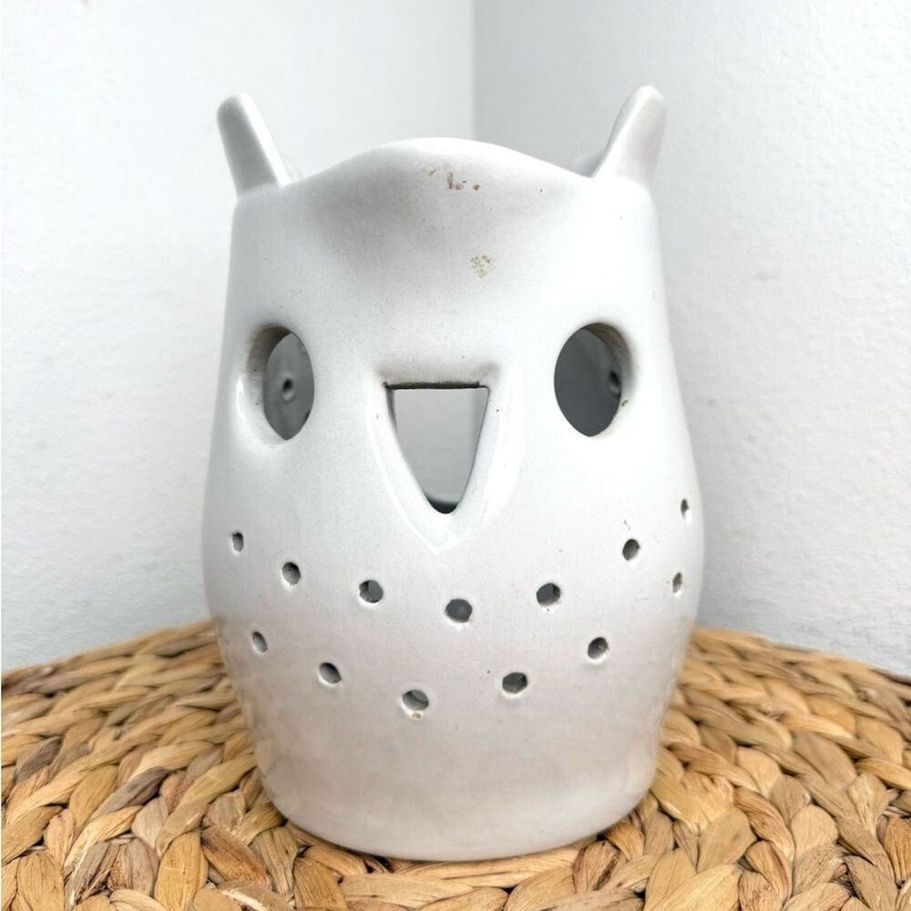 MA Hadley Owl Luminary White Ceramic Candle Holder Animal Clay Handcrafted Light